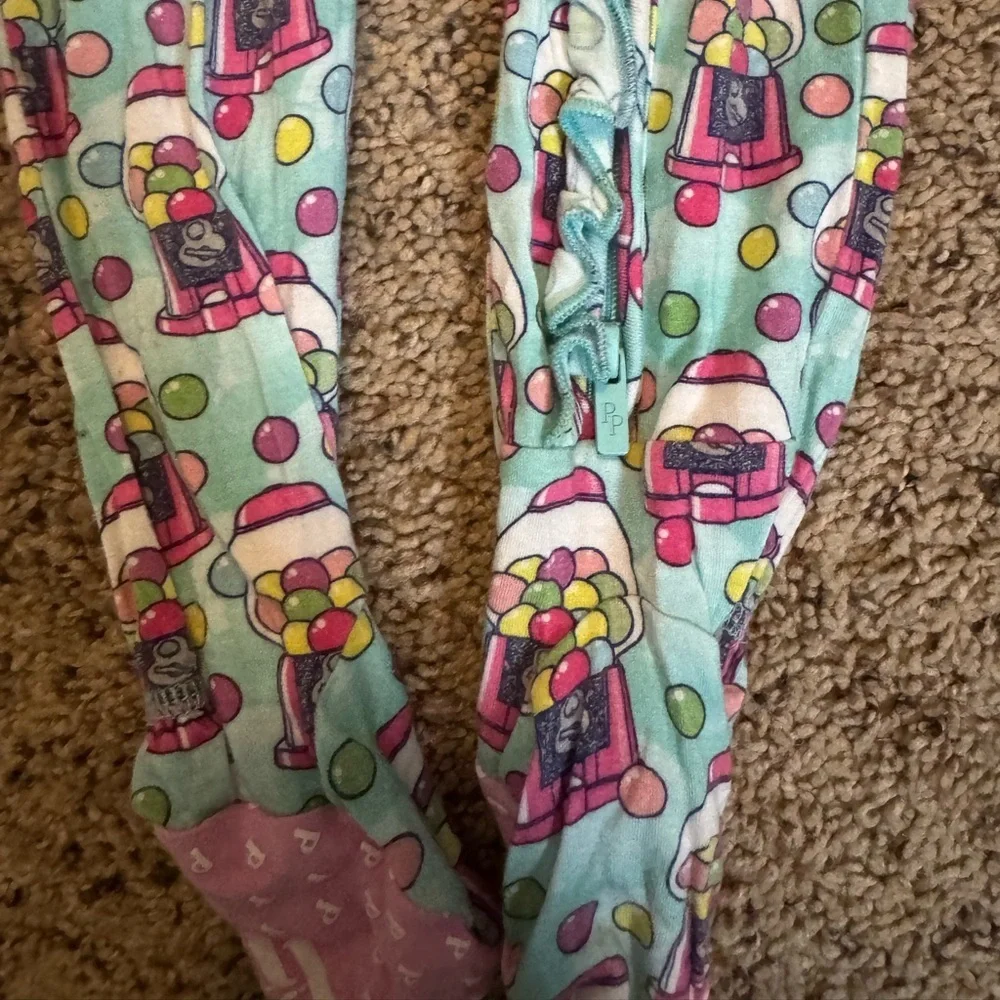 Posh Peanut Aqua and Pink Gumball Ruffle Print Footie